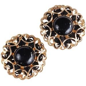 VTG Mid Century Clip On Earrings Gold Tone Filigree Black Cabochons 1950s